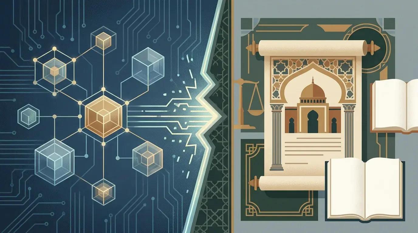 رسم تحريري يوضح منصة تعتمد على العملات الرقمية مقابل إطار قانوني جزائري